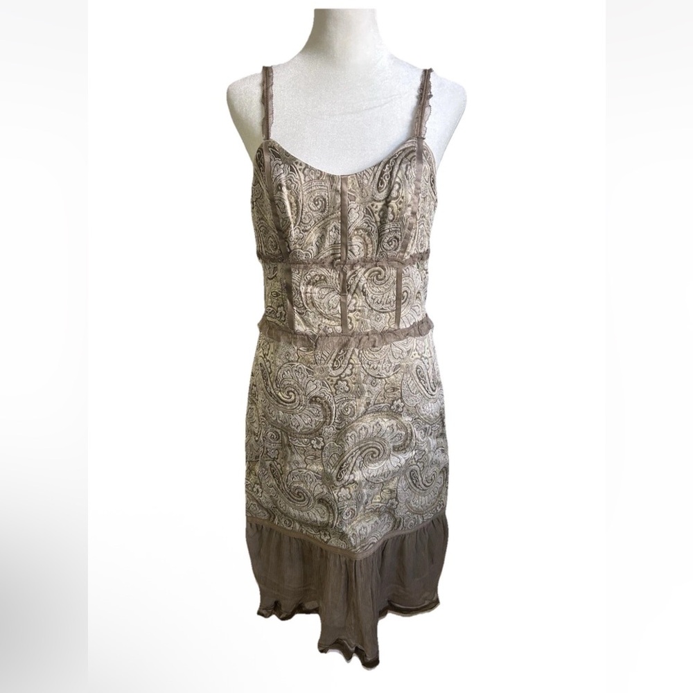 BADGLEY MISCHKA linen Paisley formal cocktail Dress sz 4 ruffle beige midi EUC